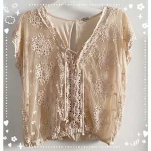 Gimmicks by BKE lace-up mesh embroidered top, cream